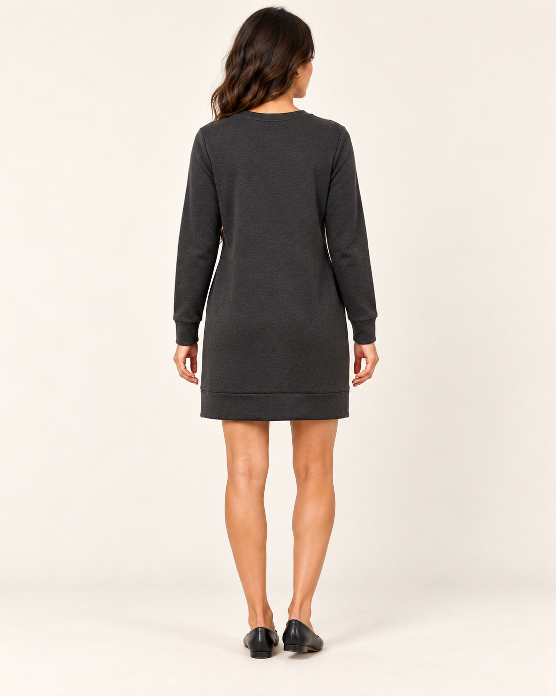 Women's Round-Neck Long Sleeve Pocket Dress - Dark Gray - 05_back view