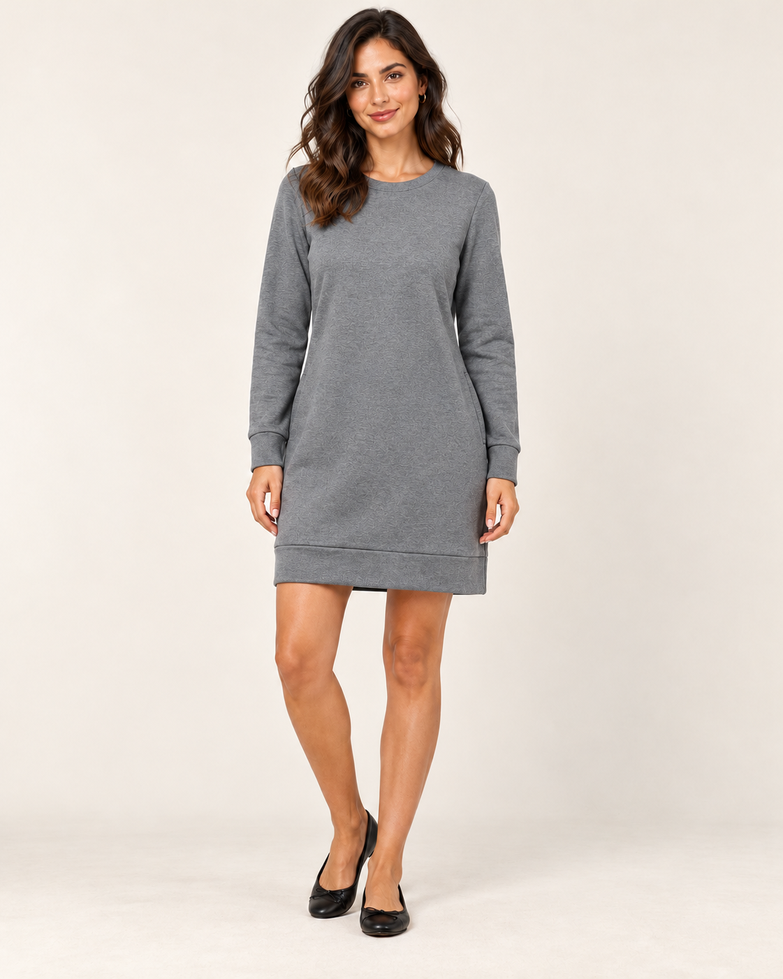 Women's Round-Neck Long Sleeve Pocket Dress - Gray - 01_front view