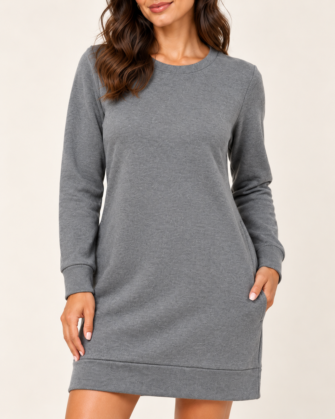 Women's Round-Neck Long Sleeve Pocket Dress - Gray - 04_detail view
