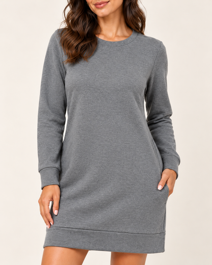 Women's Round-Neck Long Sleeve Pocket Dress - Gray - 04_detail view