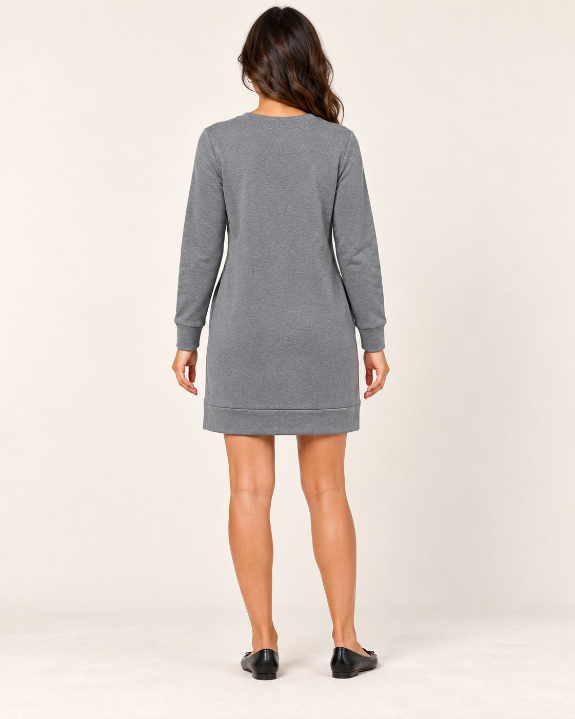 Women's Round-Neck Long Sleeve Pocket Dress - Gray - 05_back view