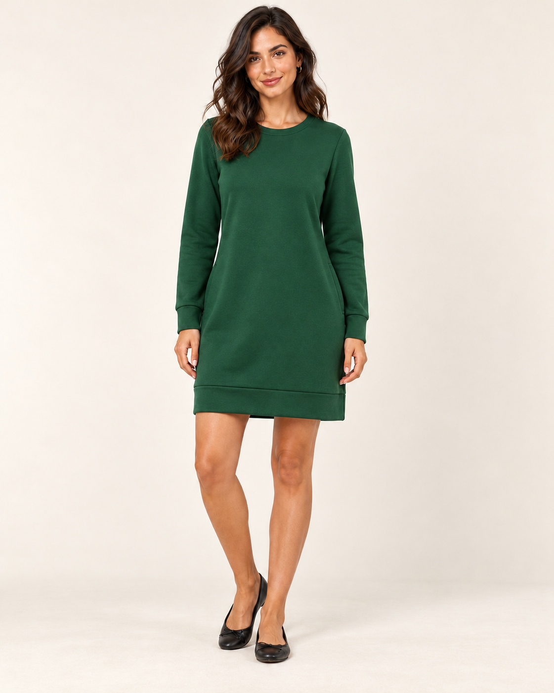 Women's Round-Neck Long Sleeve Pocket Dress - Green - 01_front view
