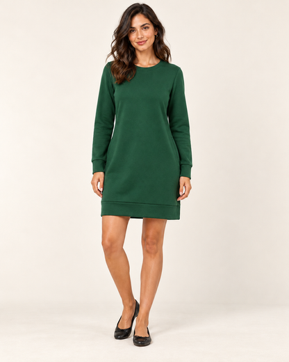 Women's Round-Neck Long Sleeve Pocket Dress - Green - 01_front view
