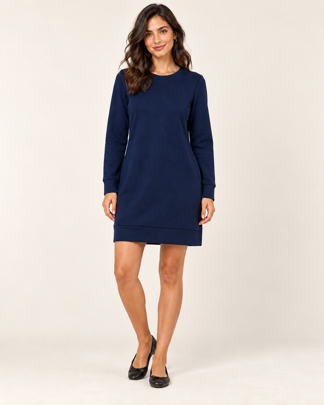 Women's Round-Neck Long Sleeve Pocket Dress - Navy - 01_front view