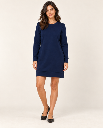 Women's Round-Neck Long Sleeve Pocket Dress - Navy - 01_front view