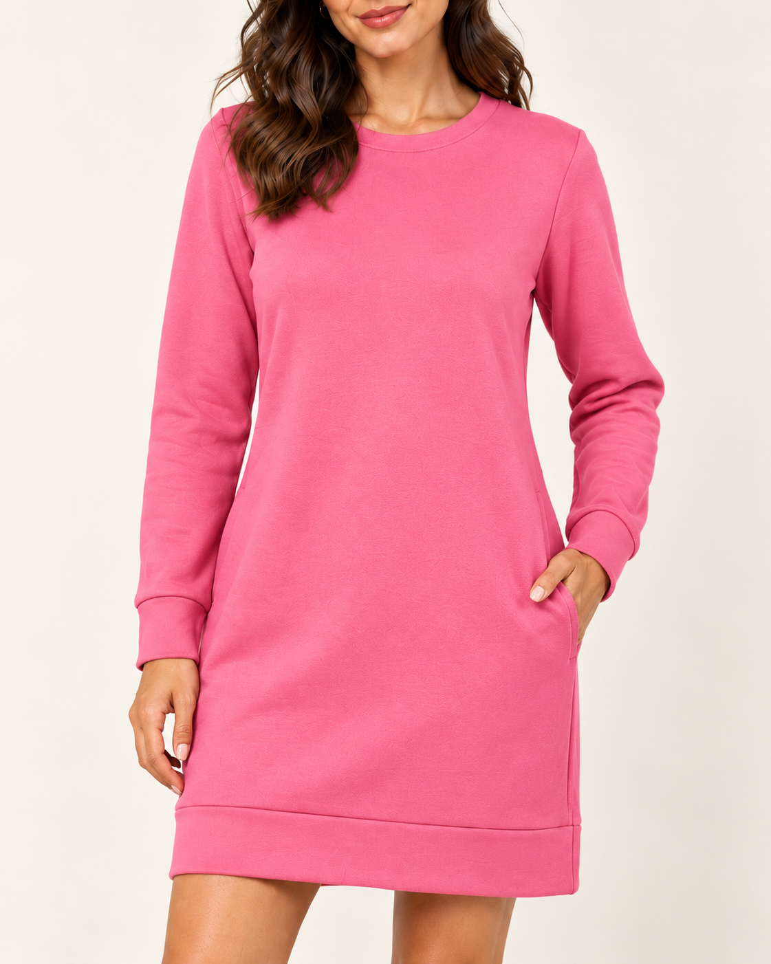 Women's Round-Neck Long Sleeve Pocket Dress - Pink - 04_detail view