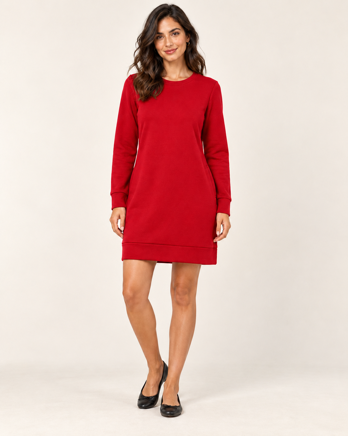 Women's Round-Neck Long Sleeve Pocket Dress - Red - 01_front view