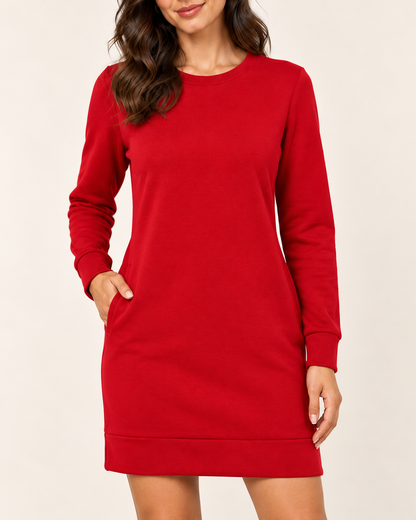 Women's Round-Neck Long Sleeve Pocket Dress - Red - 04_detail view