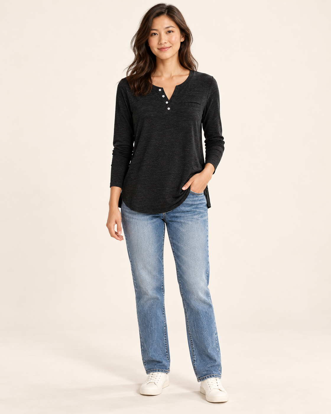Women's Long Sleeve Button-Placket Top in black, front view