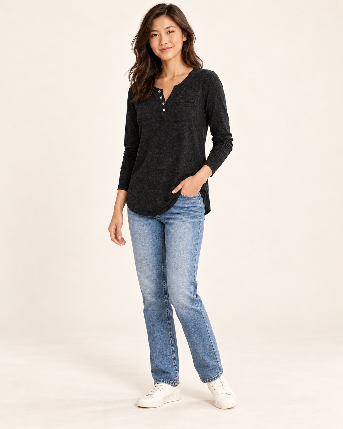 Women's Long Sleeve Button-Placket Top in black, three-quarter view