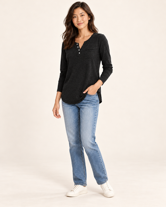 Women's Long Sleeve Button-Placket Top in black, three-quarter view