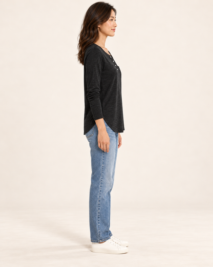 Women's Long Sleeve Button-Placket Top in black, side view