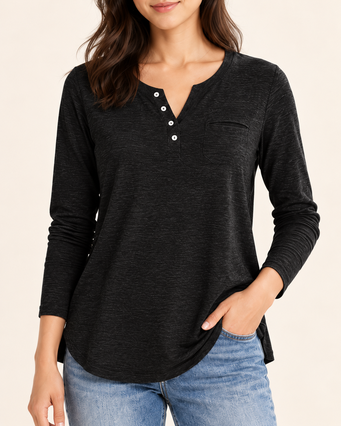 Women's Long Sleeve Button-Placket Top in black, detail view