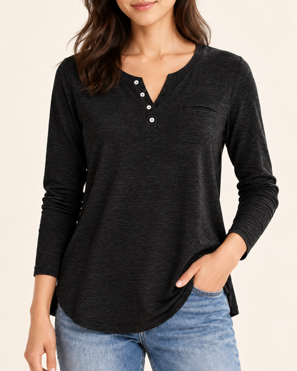 Women's Long Sleeve Button-Placket Top in black, detail view