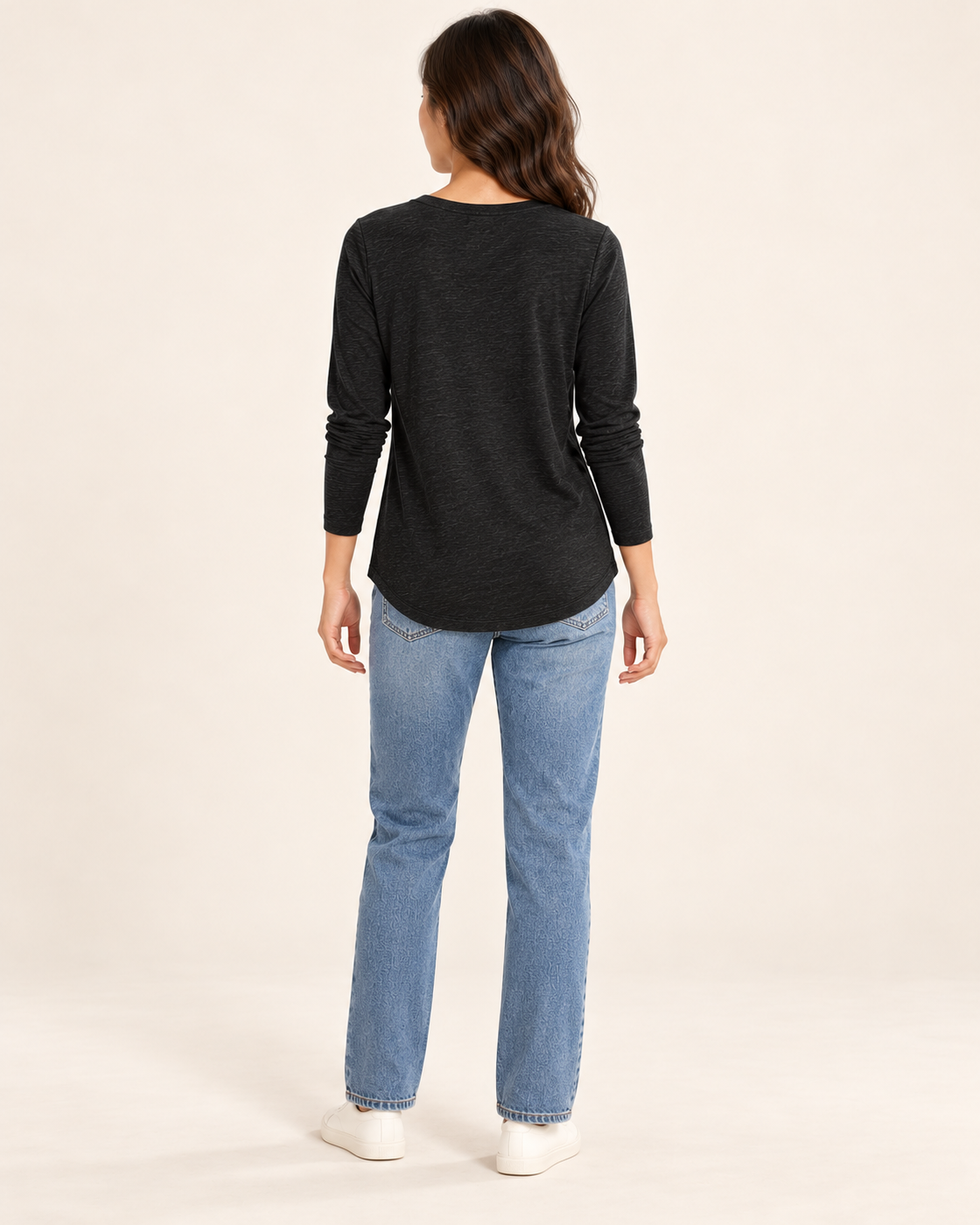 Women's Long Sleeve Button-Placket Top in black, back view