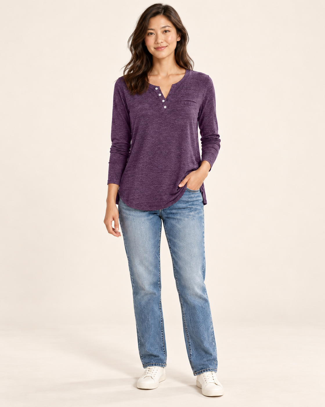 Women's Long Sleeve Button-Placket Top in purple, front view