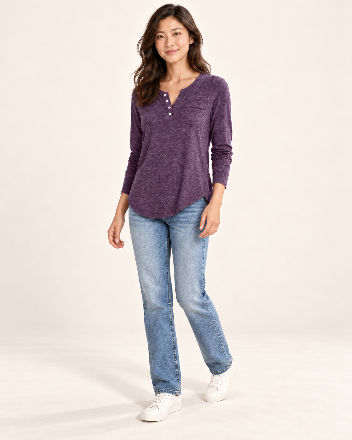Women's Long Sleeve Button-Placket Top in purple, three-quarter view