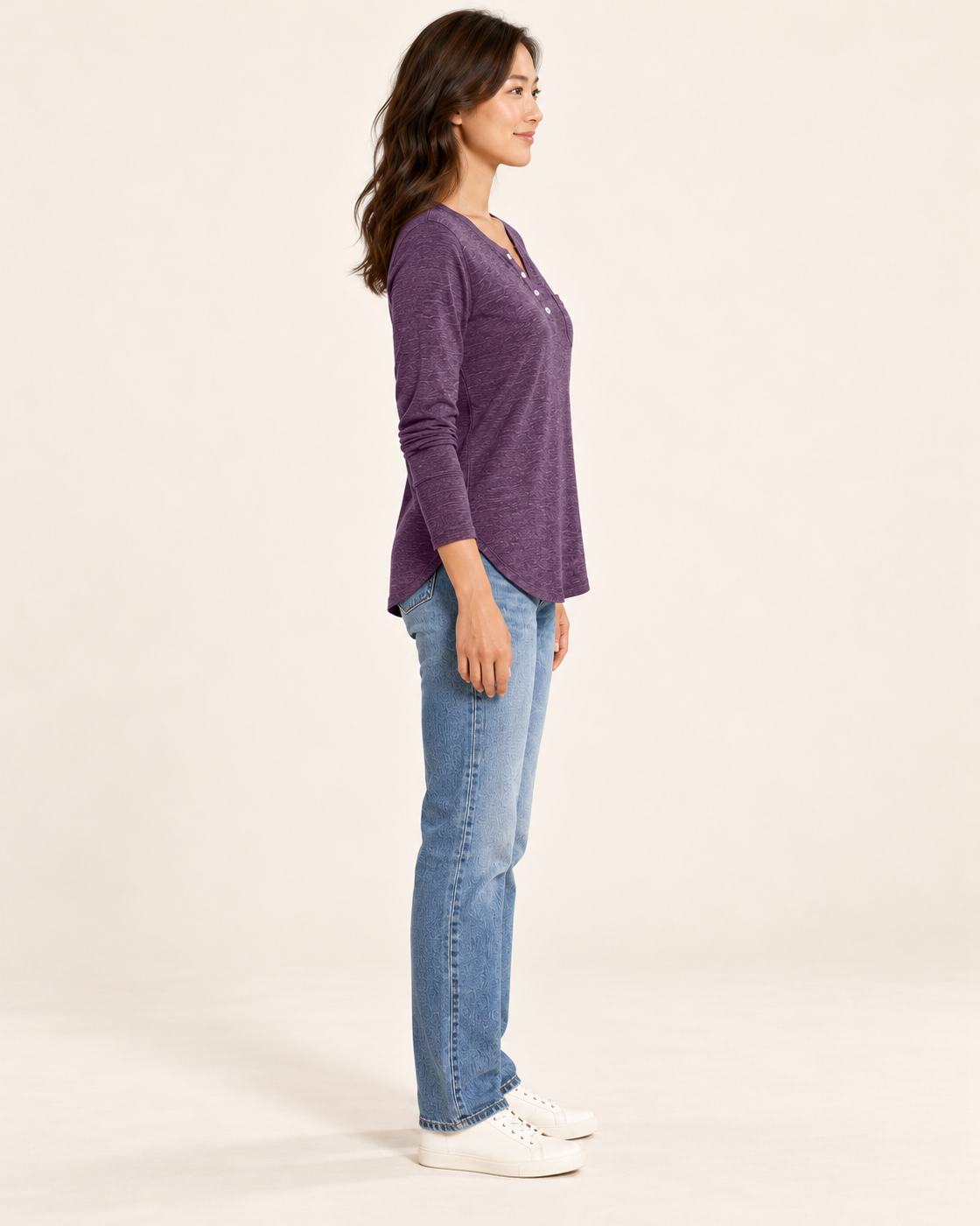 Women's Long Sleeve Button-Placket Top in purple, side view