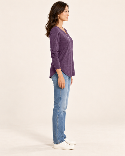 Women's Long Sleeve Button-Placket Top in purple, side view