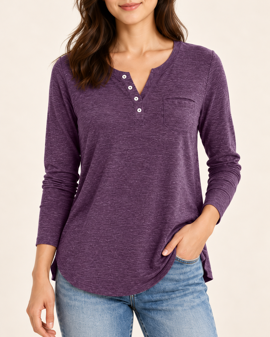 Women's Long Sleeve Button-Placket Top in purple, detail view