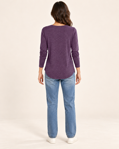Women's Long Sleeve Button-Placket Top in purple, back view
