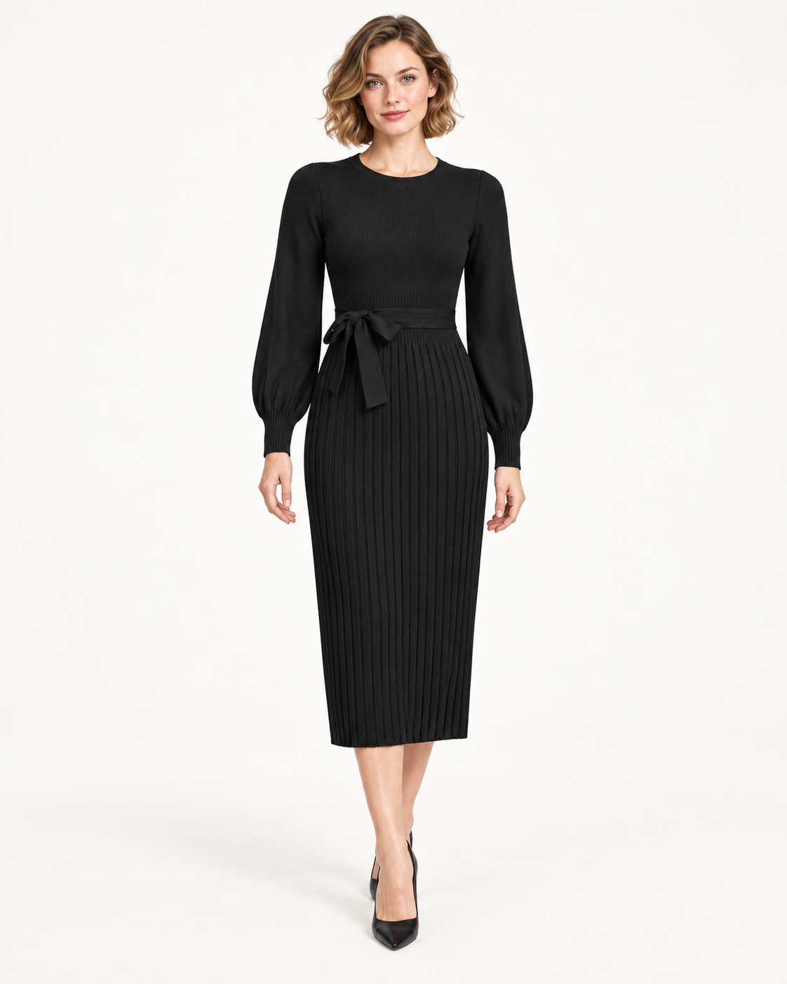 Women's Long Sleeve Tie-Waist Pleated Midi Dress, Black, front view