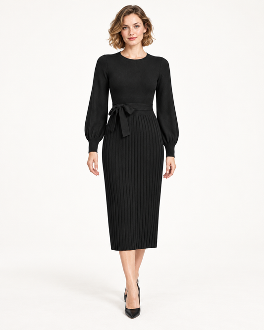 Women's Long Sleeve Tie-Waist Pleated Midi Dress, Black, front view