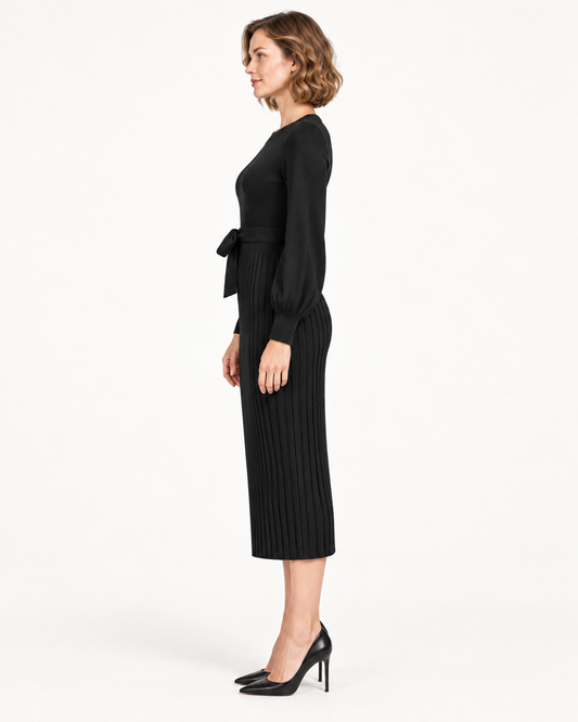 Women's Long Sleeve Tie-Waist Pleated Midi Dress, Black, side view