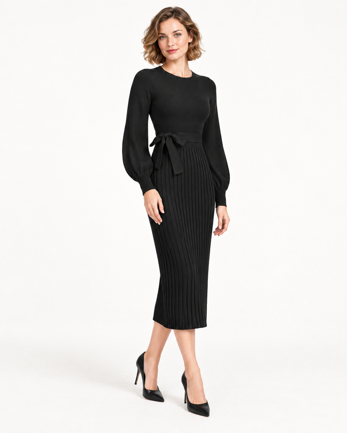 Women's Long Sleeve Tie-Waist Pleated Midi Dress, Black, three quarter view