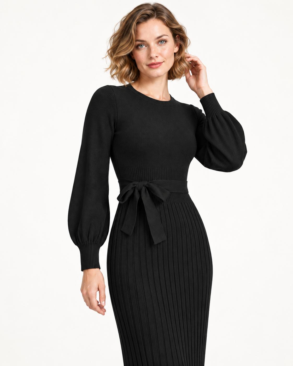 Women's Long Sleeve Tie-Waist Pleated Midi Dress, Black, detail view