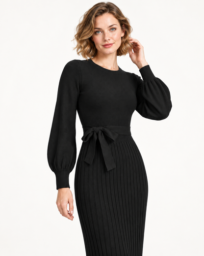 Women's Long Sleeve Tie-Waist Pleated Midi Dress, Black, detail view