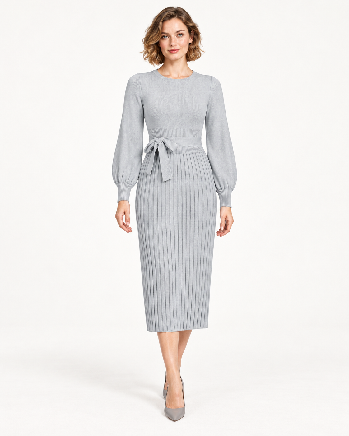 Women's Long Sleeve Tie-Waist Pleated Midi Dress, Gray, front view