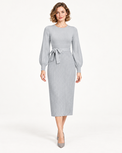 Women's Long Sleeve Tie-Waist Pleated Midi Dress, Gray, front view