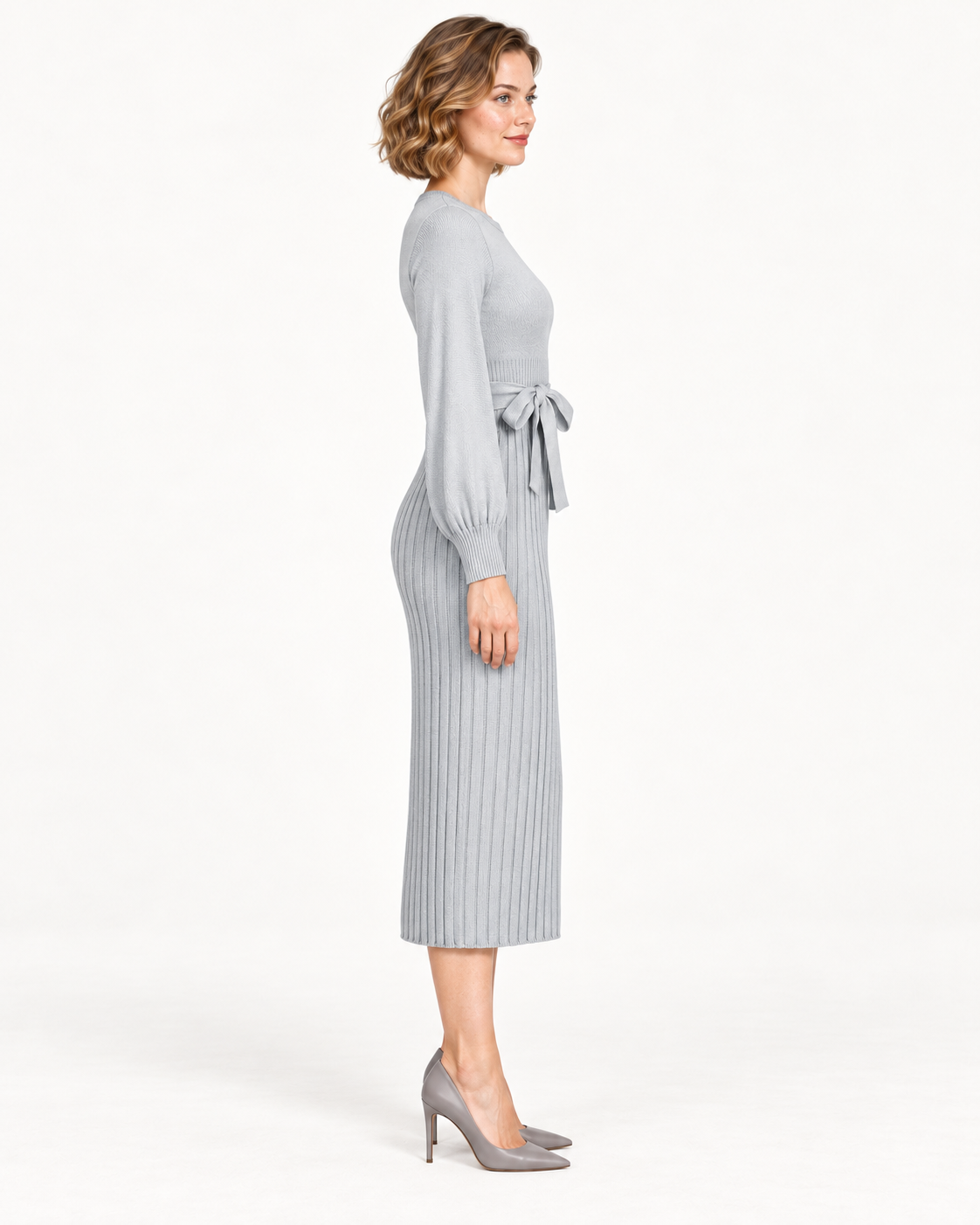 Women's Long Sleeve Tie-Waist Pleated Midi Dress, Gray, side view