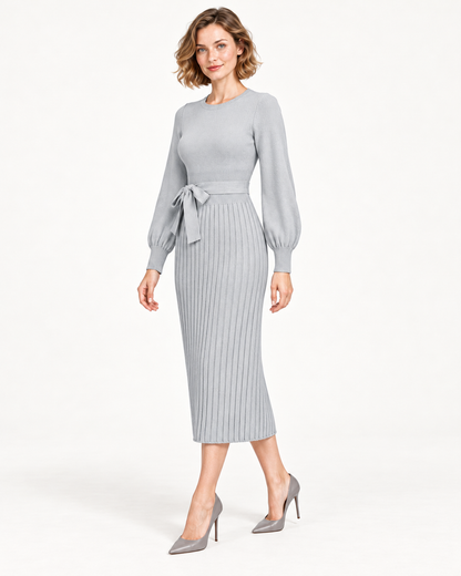 Women's Long Sleeve Tie-Waist Pleated Midi Dress, Gray, three quarter view