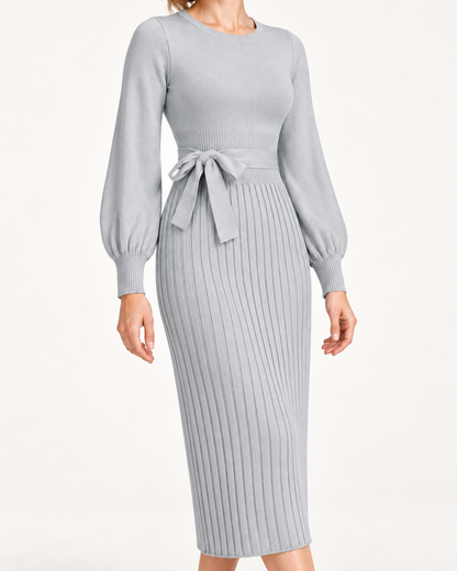Women's Long Sleeve Tie-Waist Pleated Midi Dress, Gray, detail view