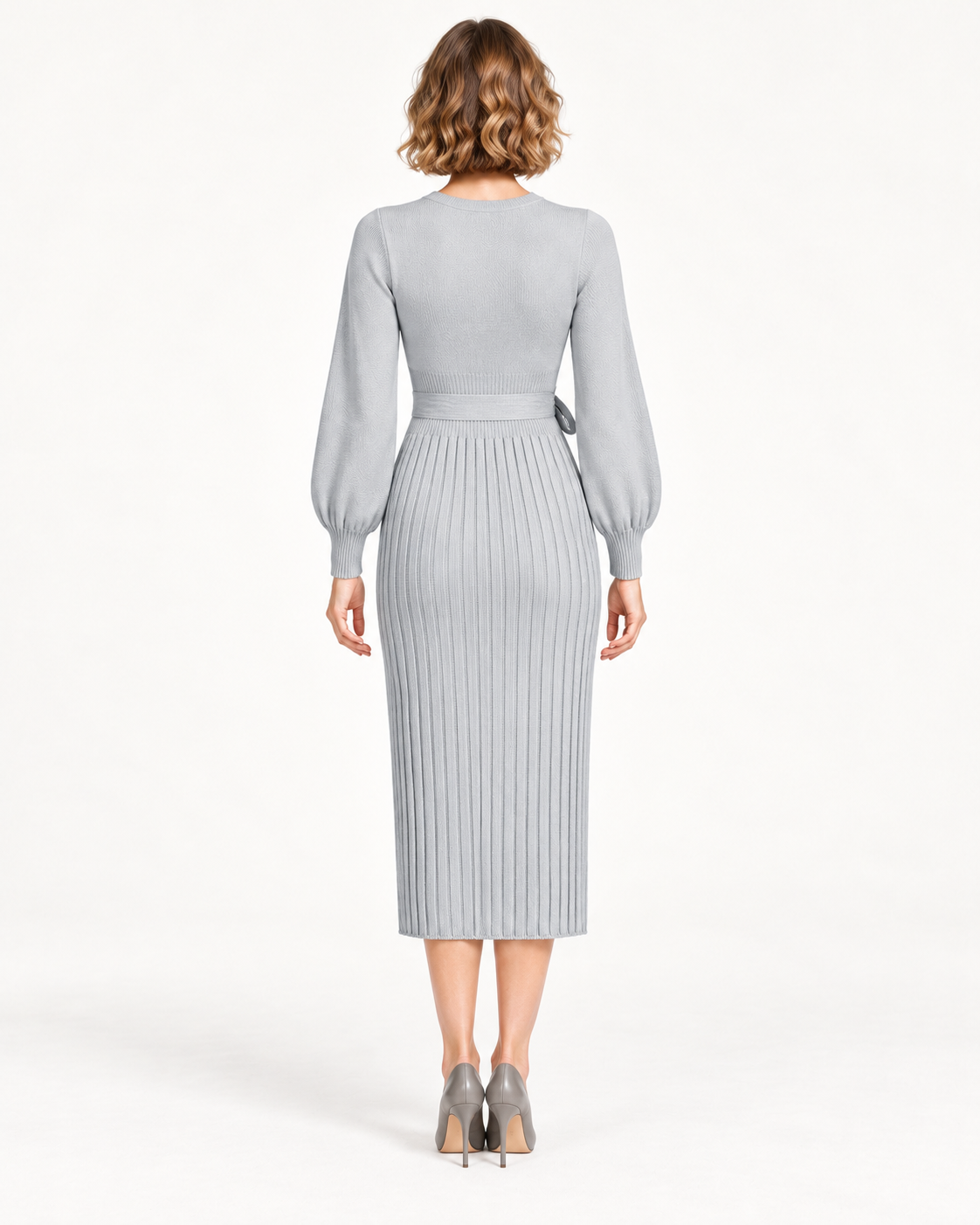 Women's Long Sleeve Tie-Waist Pleated Midi Dress, Gray, back view