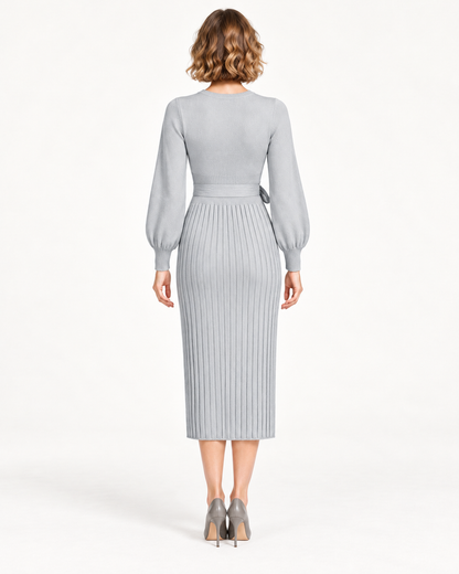 Women's Long Sleeve Tie-Waist Pleated Midi Dress, Gray, back view