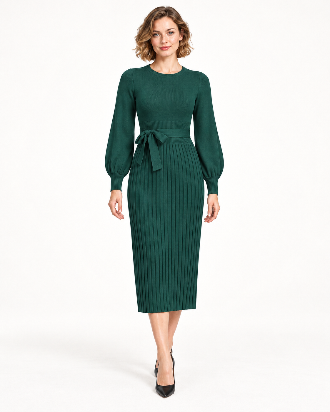 Women's Long Sleeve Tie-Waist Pleated Midi Dress, Green, front view