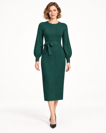Women's Long Sleeve Tie-Waist Pleated Midi Dress, Green, front view