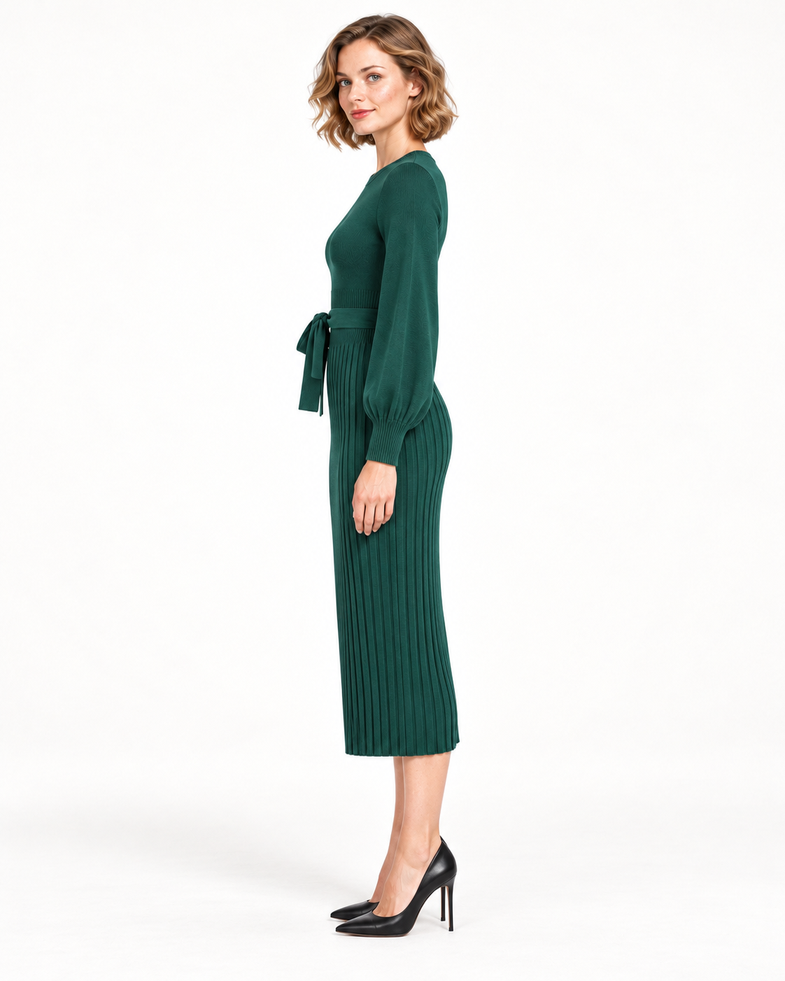 Women's Long Sleeve Tie-Waist Pleated Midi Dress, Green, side view