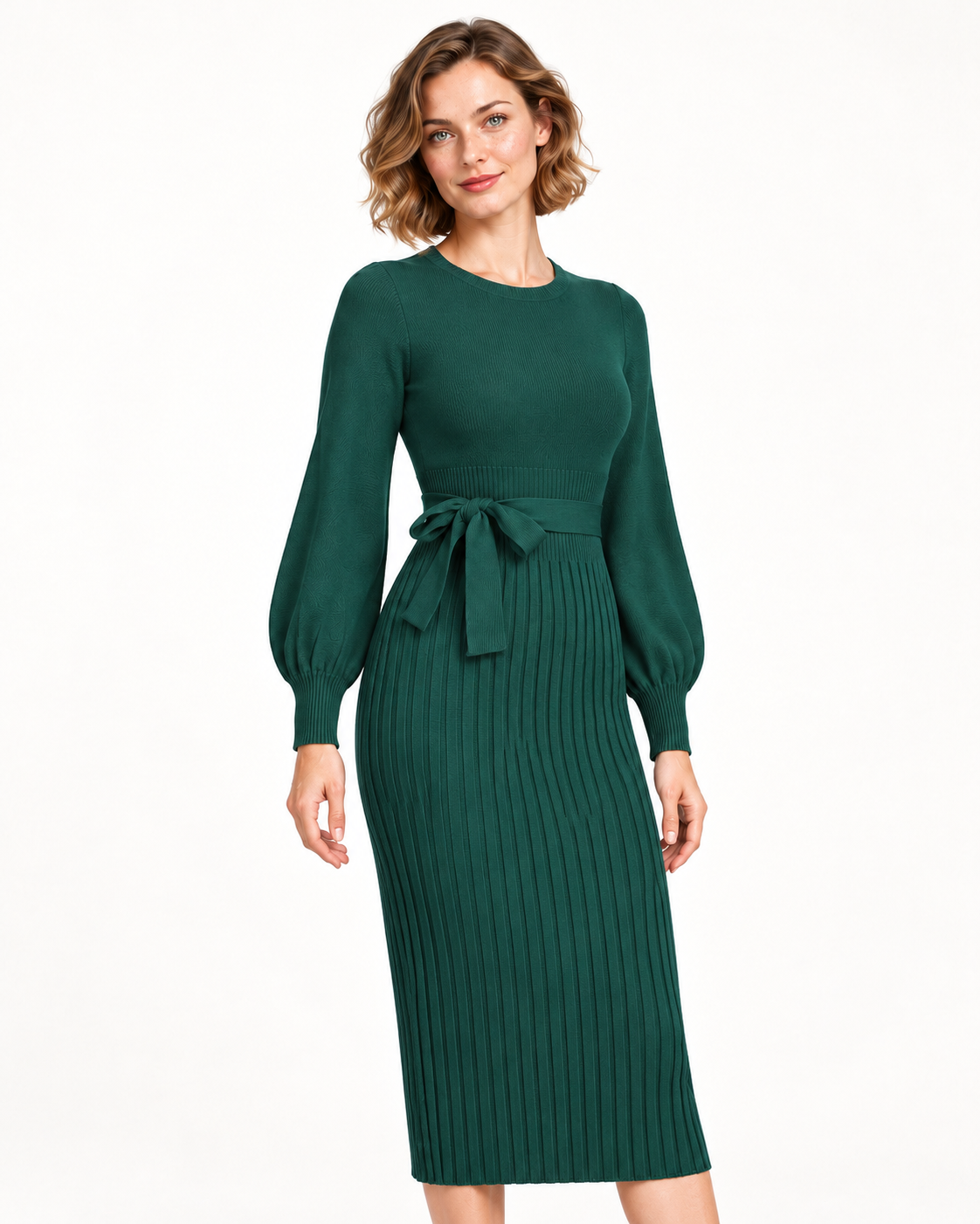 Women's Long Sleeve Tie-Waist Pleated Midi Dress, Green, detail view
