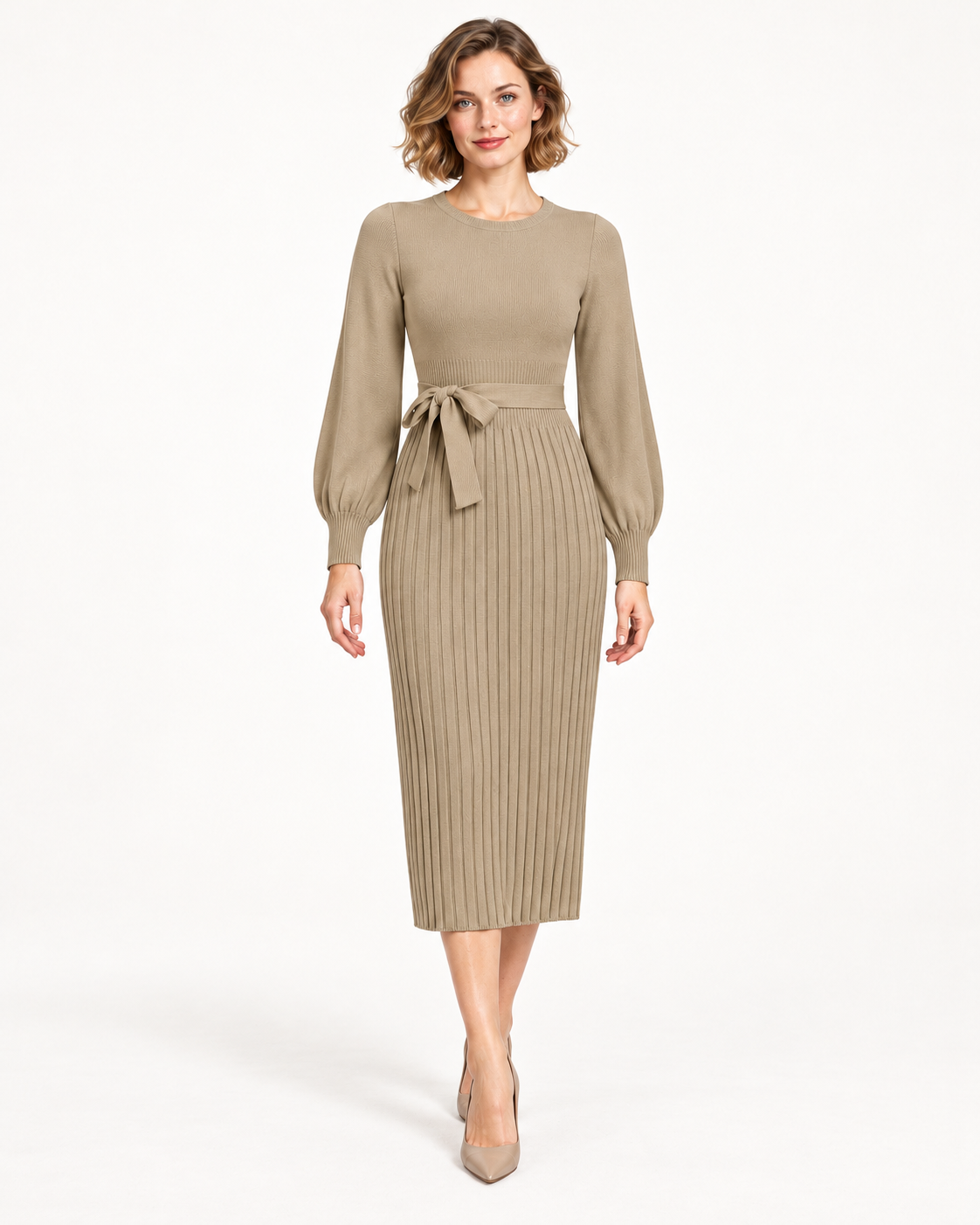 Women's Long Sleeve Tie-Waist Pleated Midi Dress, Khaki, front view