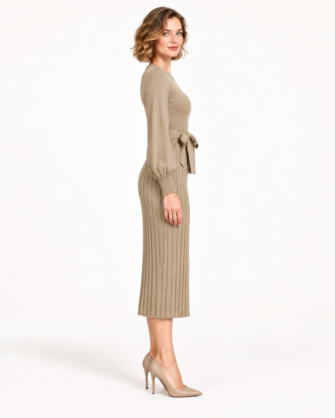 Women's Long Sleeve Tie-Waist Pleated Midi Dress, Khaki, side view