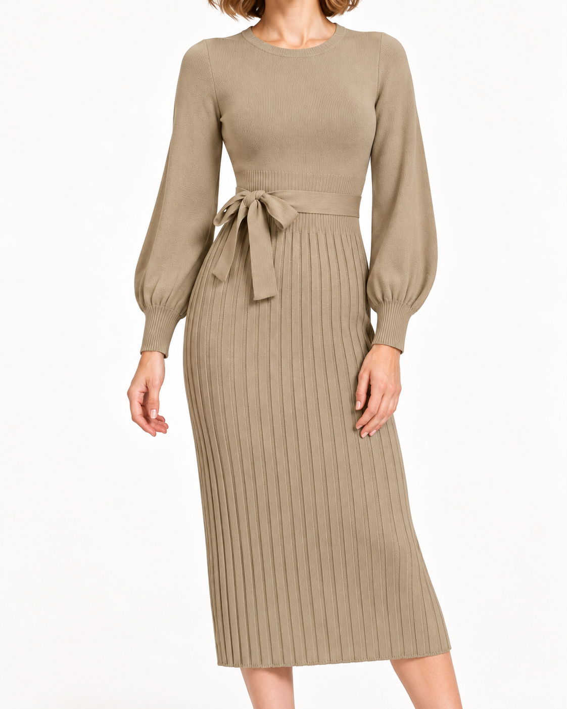 Women's Long Sleeve Tie-Waist Pleated Midi Dress, Khaki, detail view