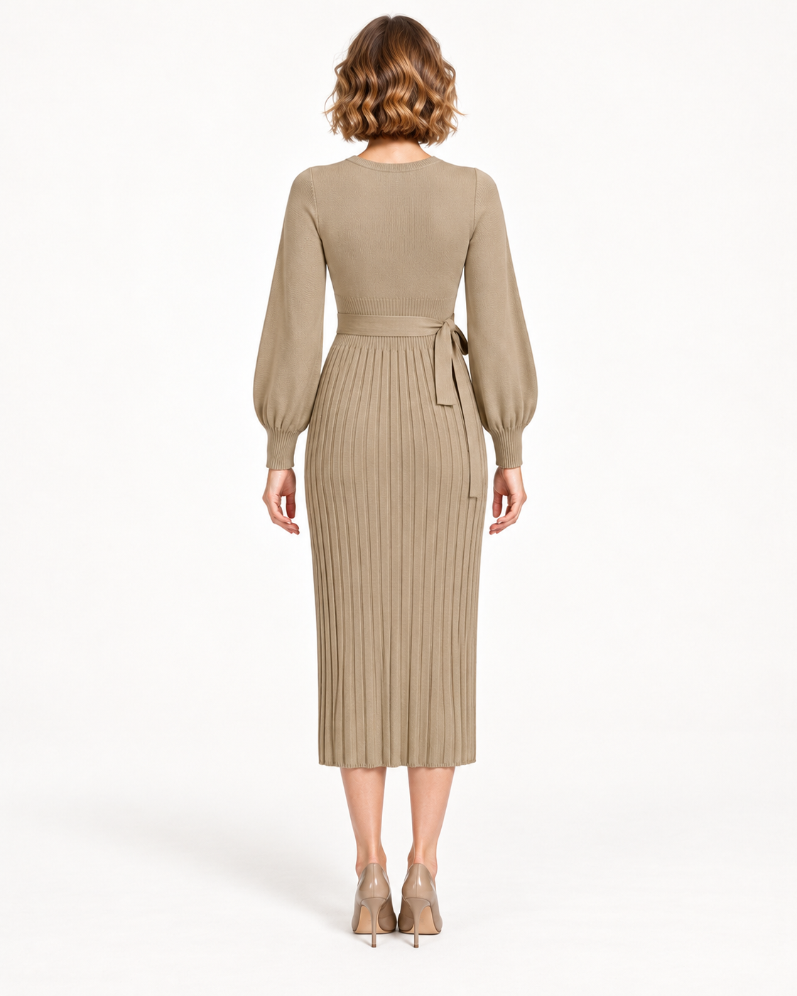 Women's Long Sleeve Tie-Waist Pleated Midi Dress, Khaki, back view