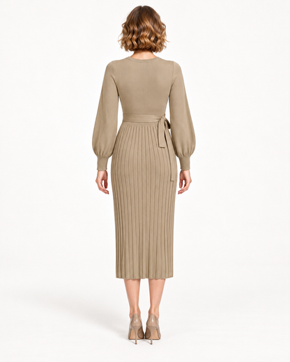 Women's Long Sleeve Tie-Waist Pleated Midi Dress, Khaki, back view