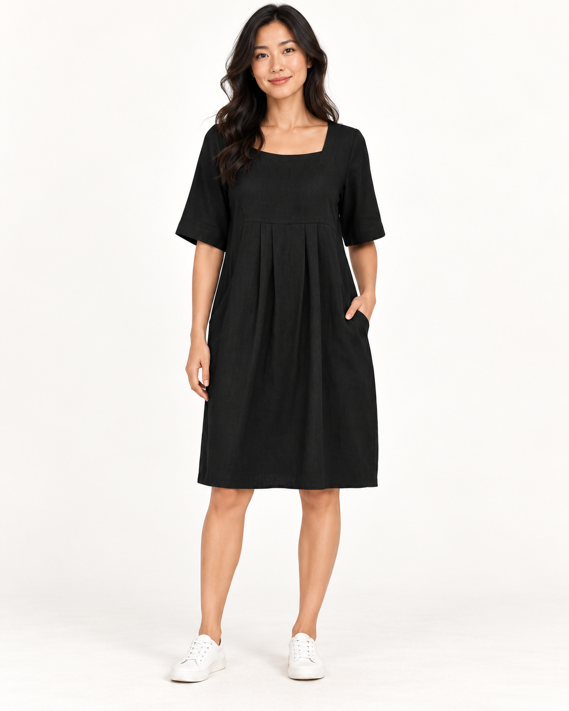 Women's Round-Neck Pocket Dress, Black, full-length front view