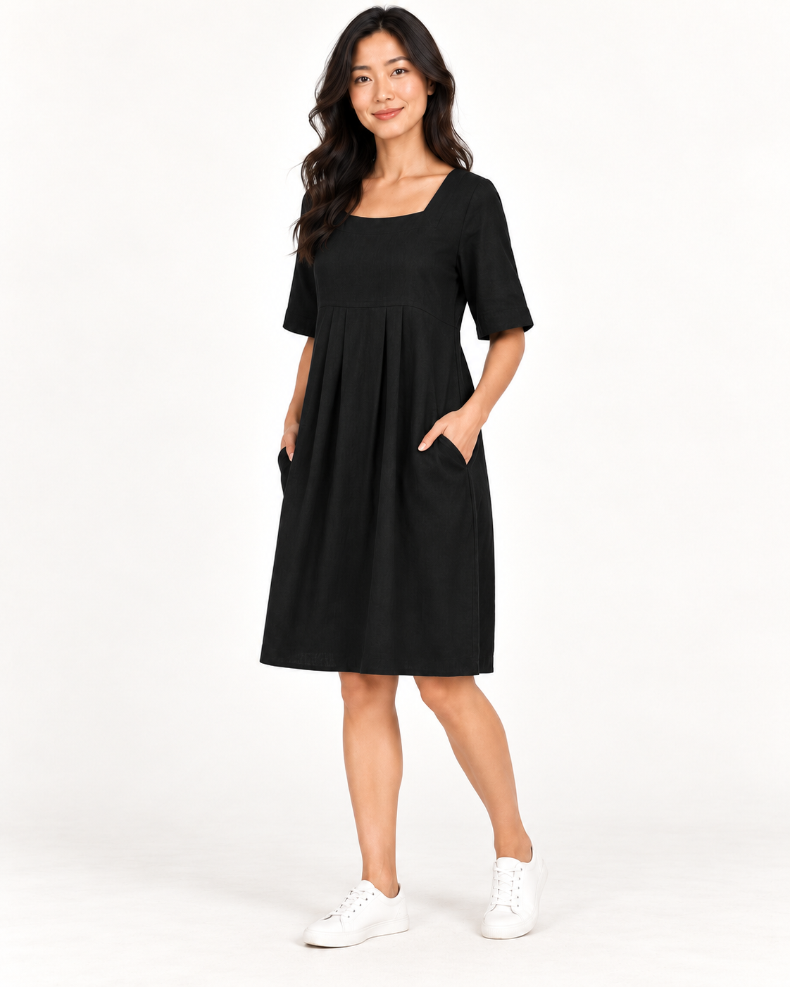 Women's Round-Neck Pocket Dress, Black, full-length three-quarter view