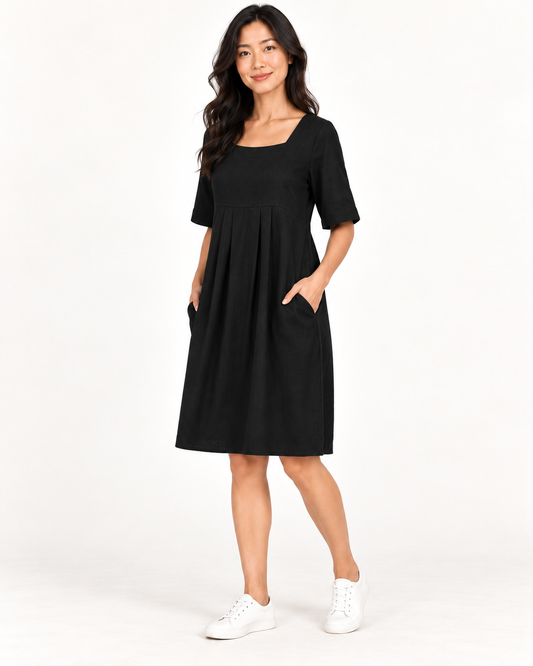 Women's Round-Neck Pocket Dress, Black, full-length three-quarter view